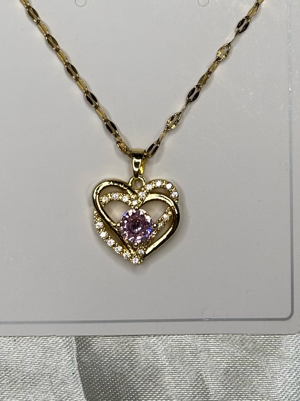Stainless Steel Gold Plated Heart Pendant Necklace with Pink Crystal